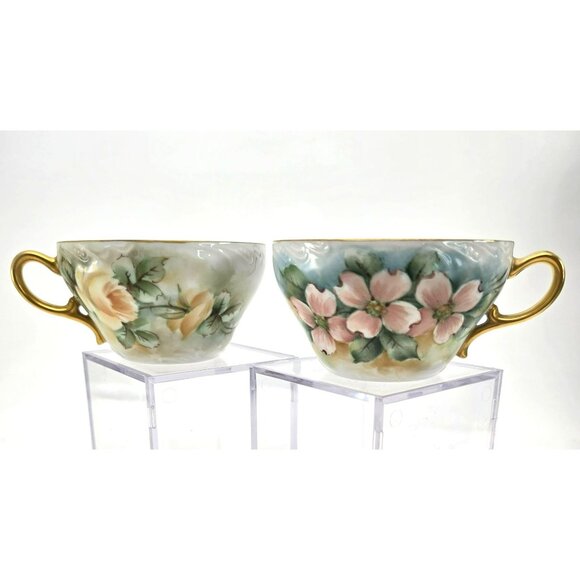 Hand-Painted Floral Porcelain Tea Cups With Gold Handles Vintage Set Of 2 jj3703 - Picture 7 of 12